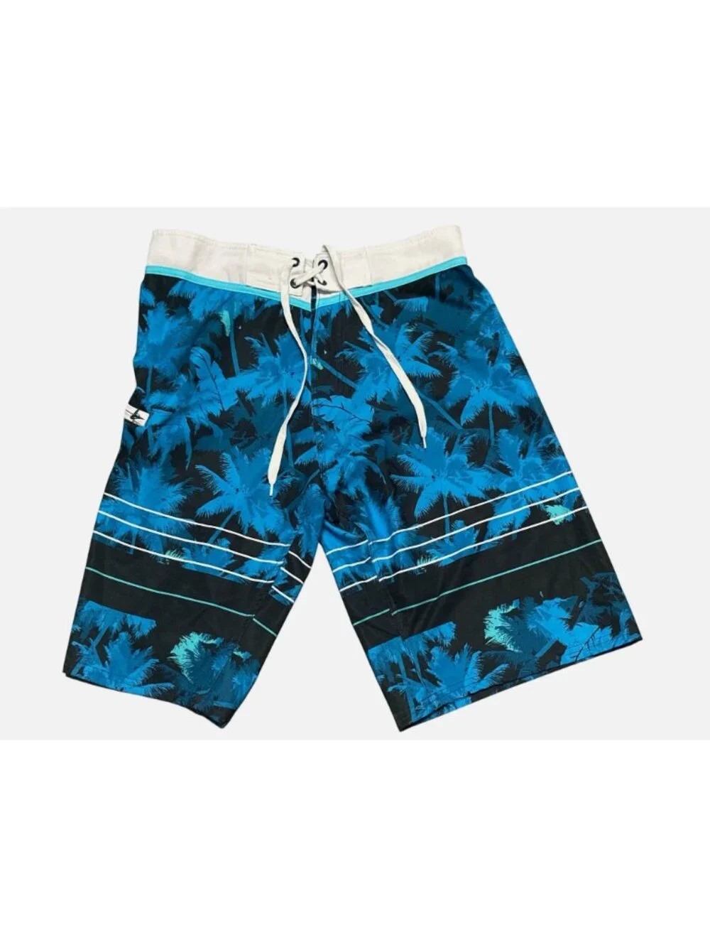 Burnside Size 32 Navy Blue Palm Tree Surf Tropical Drawstring Waist Beachwear